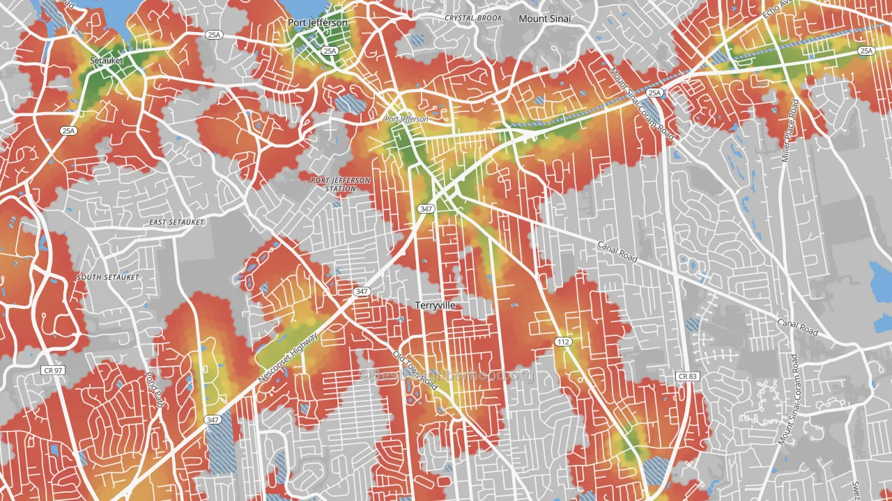 Walk Grade map of Port Jefferson Station, NY, walkable areas in green and car-dependent areas in red