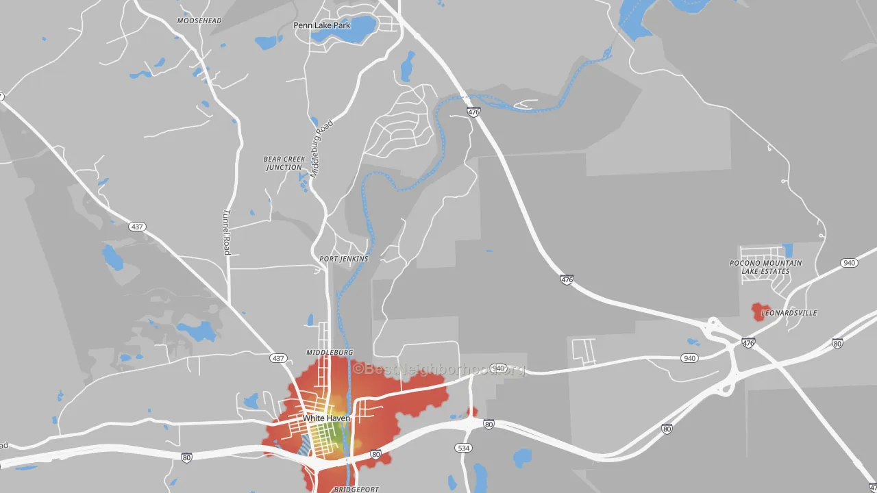 Walk Grade map of Port Jenkins, PA, walkable areas in green and car-dependent areas in red