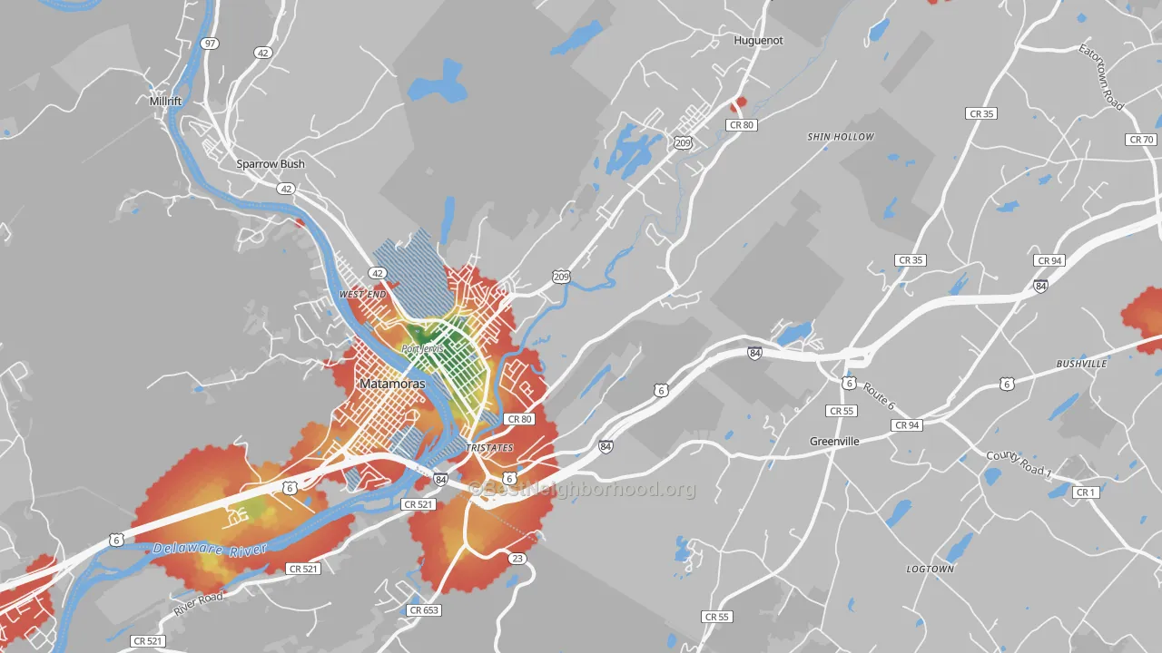 Walk Grade map of Port Jervis, NY, walkable areas in green and car-dependent areas in red