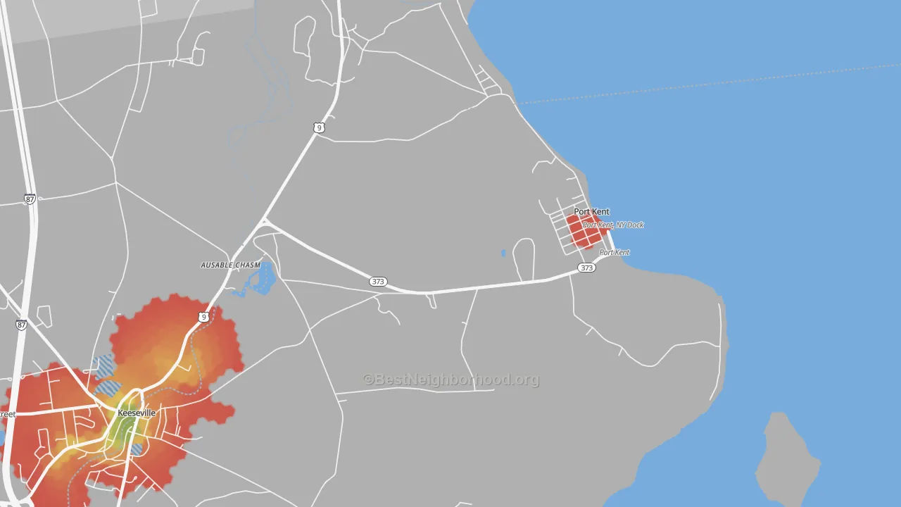 Walk Grade map of Port Kent, NY, walkable areas in green and car-dependent areas in red