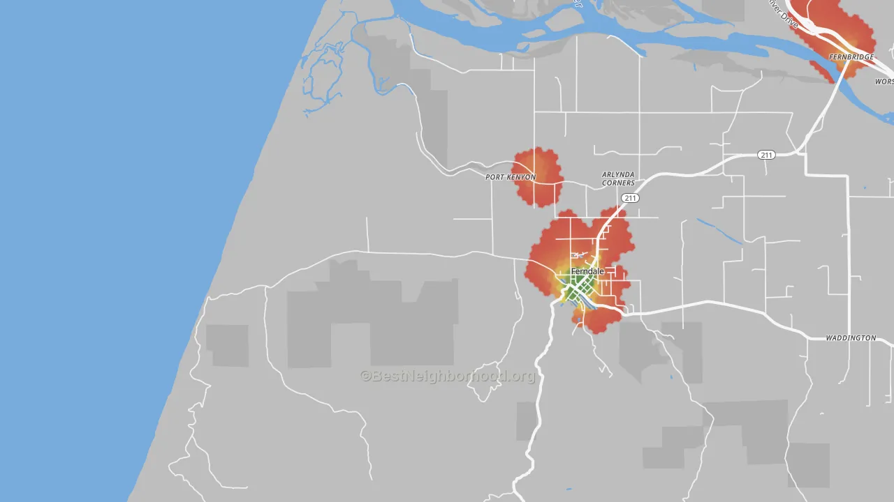 Walk Grade map of Port Kenyon, CA, walkable areas in green and car-dependent areas in red