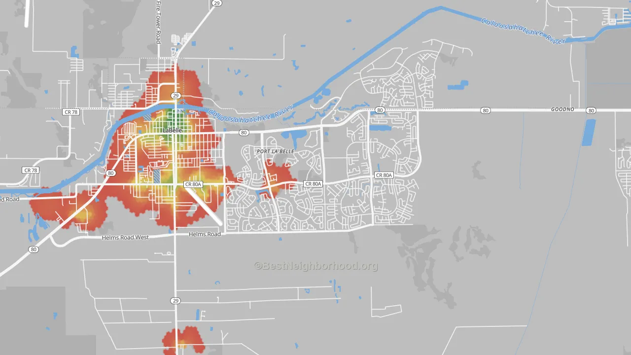 Walk Grade map of Port Labelle, FL, walkable areas in green and car-dependent areas in red