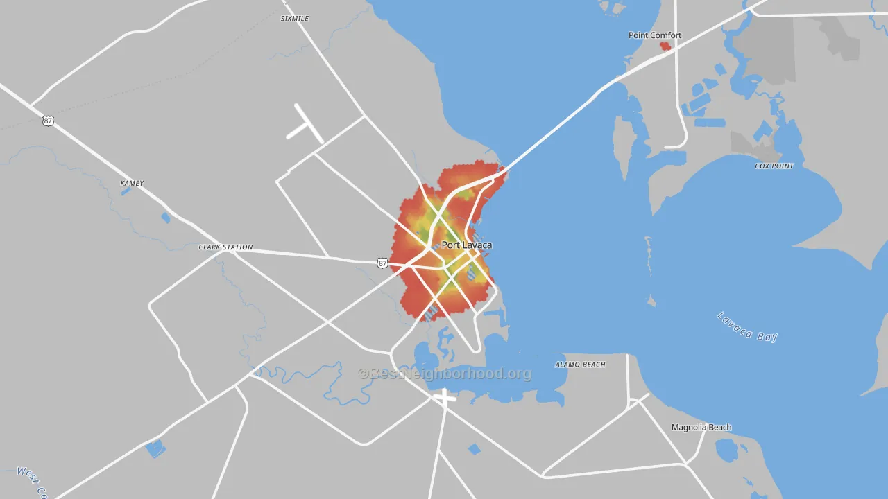 Walk Grade map of Port Lavaca, TX, walkable areas in green and car-dependent areas in red