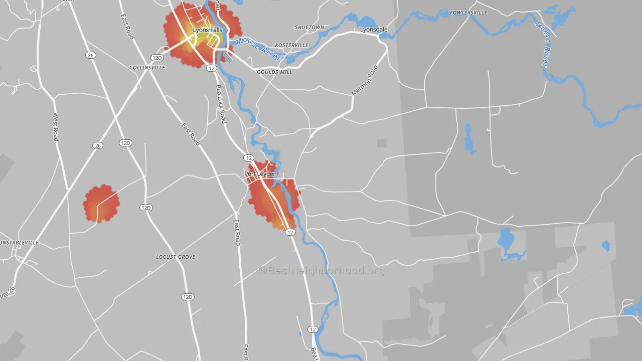 Walk Grade map of Port Leyden, NY, walkable areas in green and car-dependent areas in red