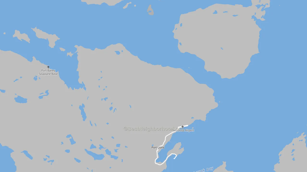 Walk Grade map of Port Lions, AK, walkable areas in green and car-dependent areas in red