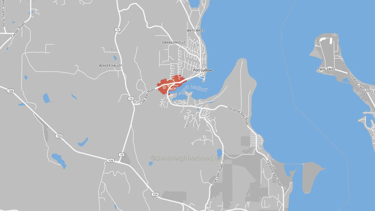 Walk Grade map of Port Ludlow, WA, walkable areas in green and car-dependent areas in red