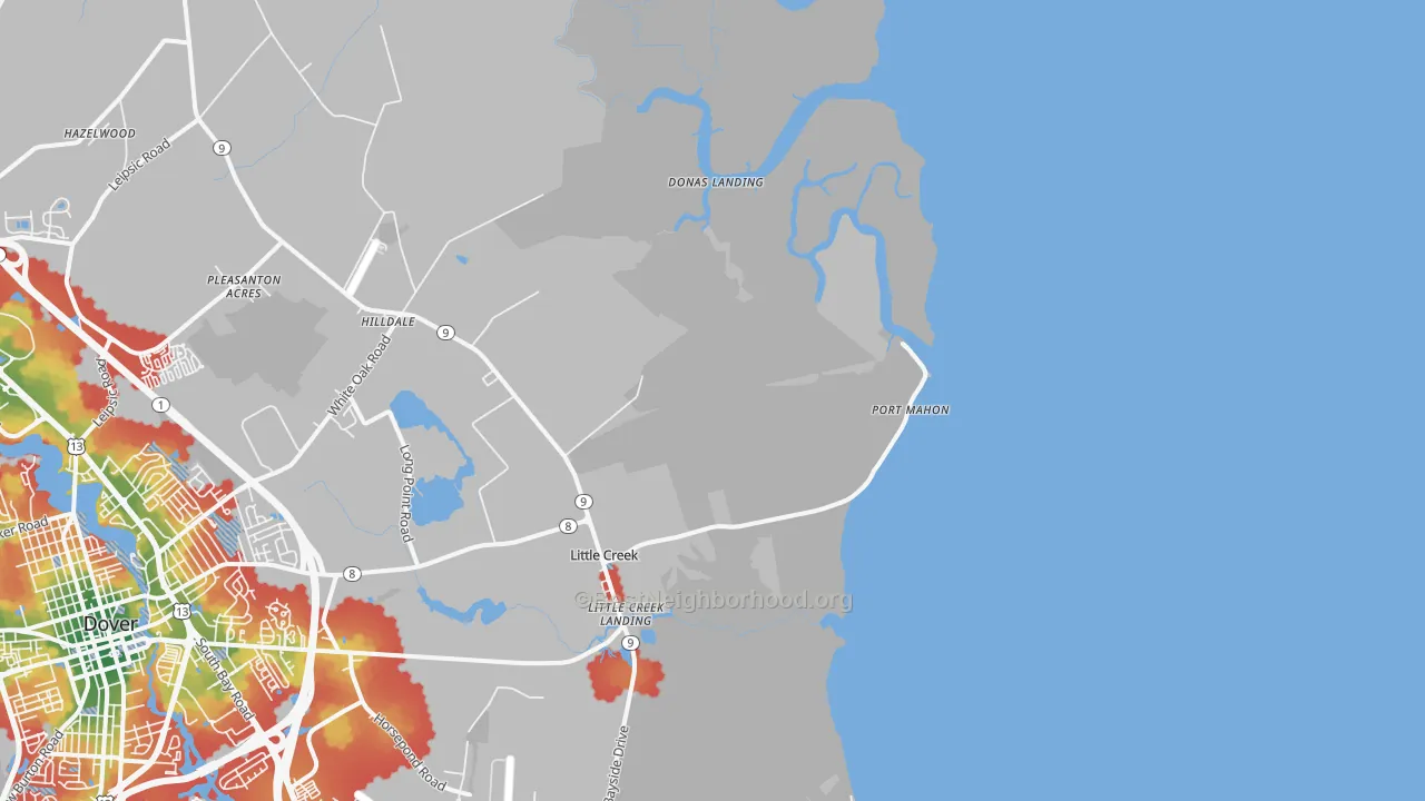 Walk Grade map of Port Mahon, DE, walkable areas in green and car-dependent areas in red