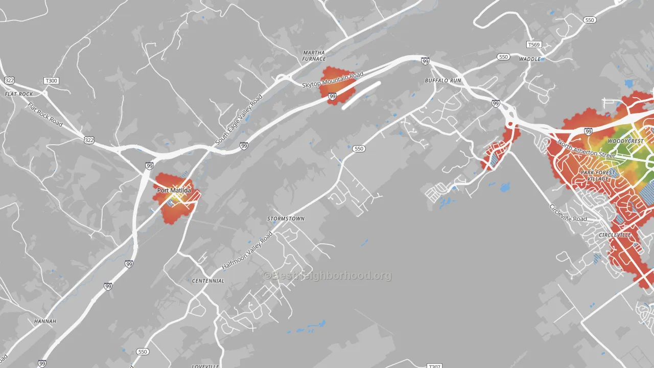 Walk Grade map of Port Matilda, PA, walkable areas in green and car-dependent areas in red