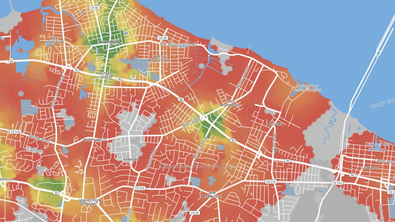 Walk Grade map of Port Monmouth, NJ, walkable areas in green and car-dependent areas in red