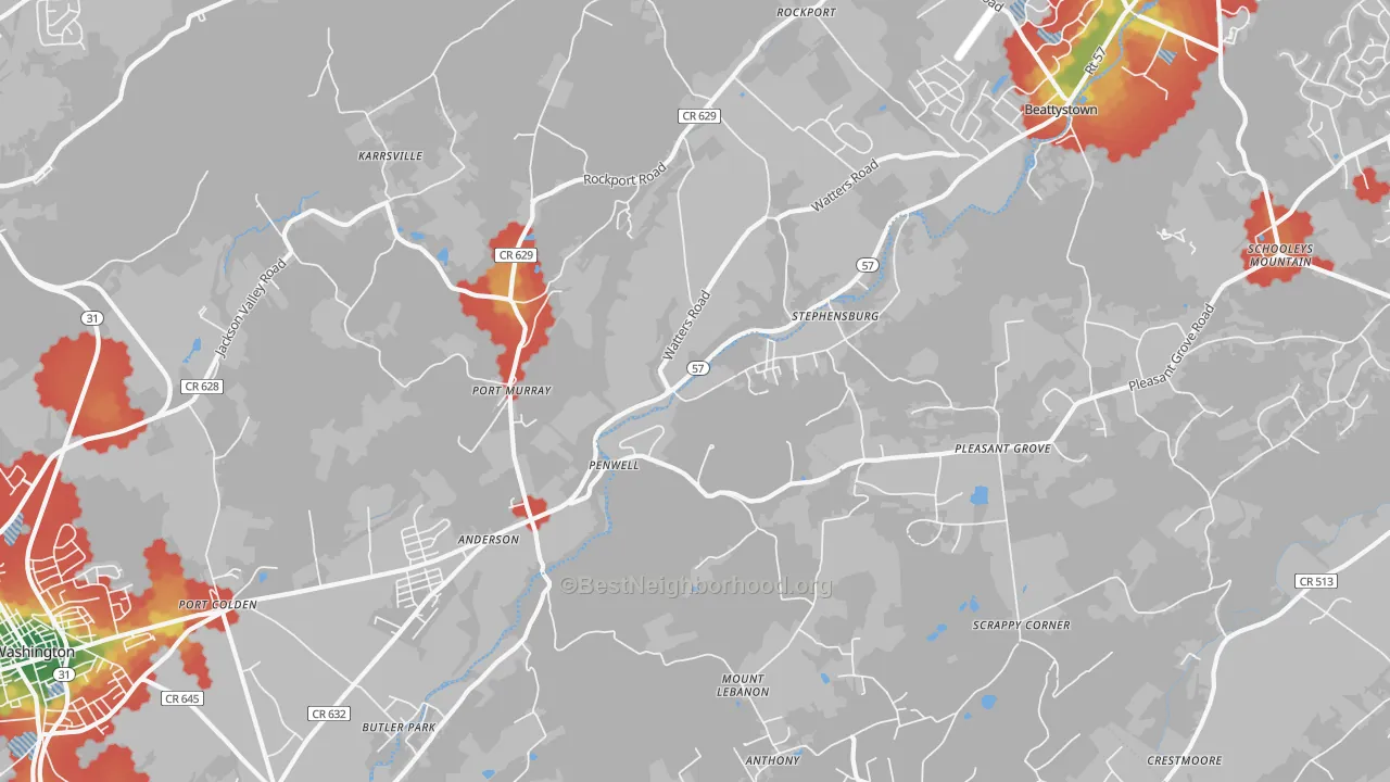 Walk Grade map of Port Murray, NJ, walkable areas in green and car-dependent areas in red