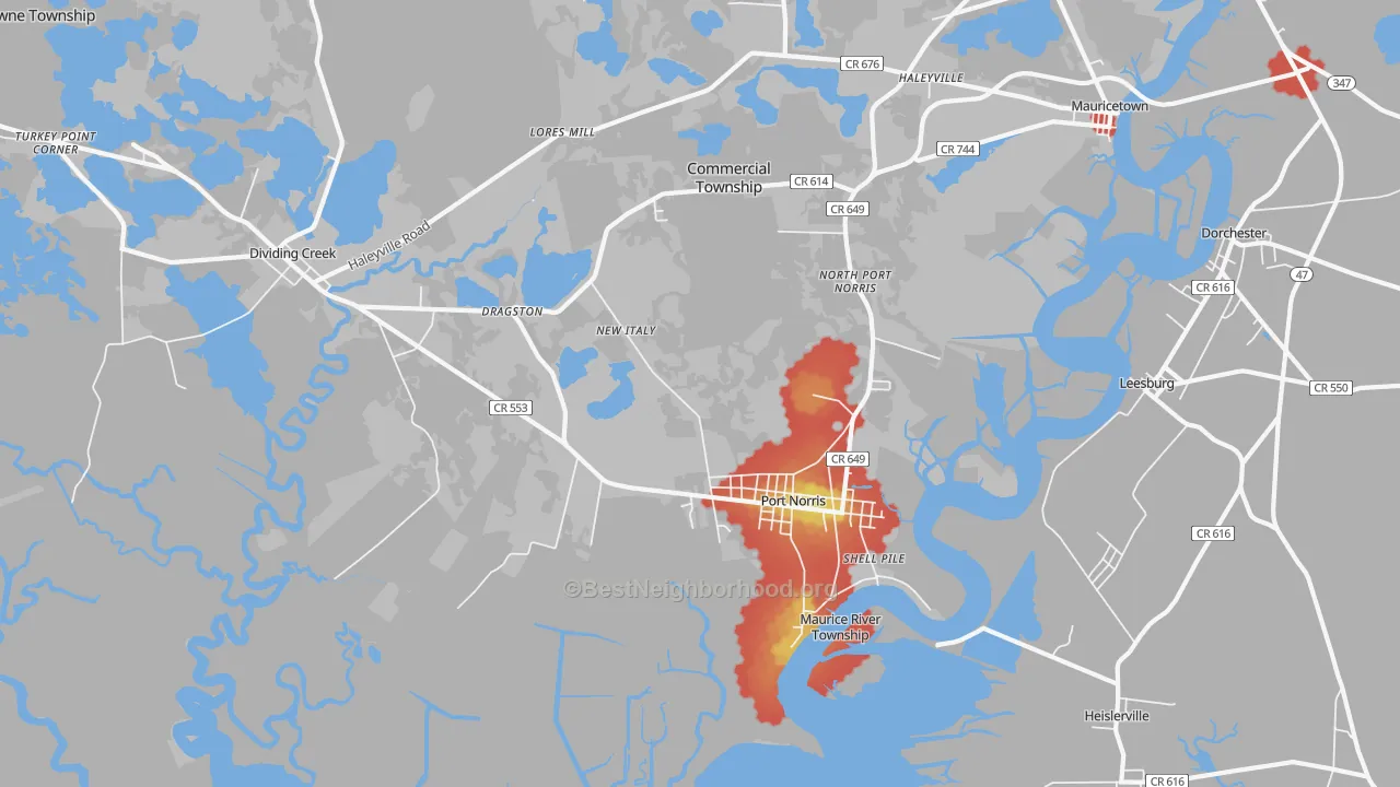 Walk Grade map of Port Norris, NJ, walkable areas in green and car-dependent areas in red