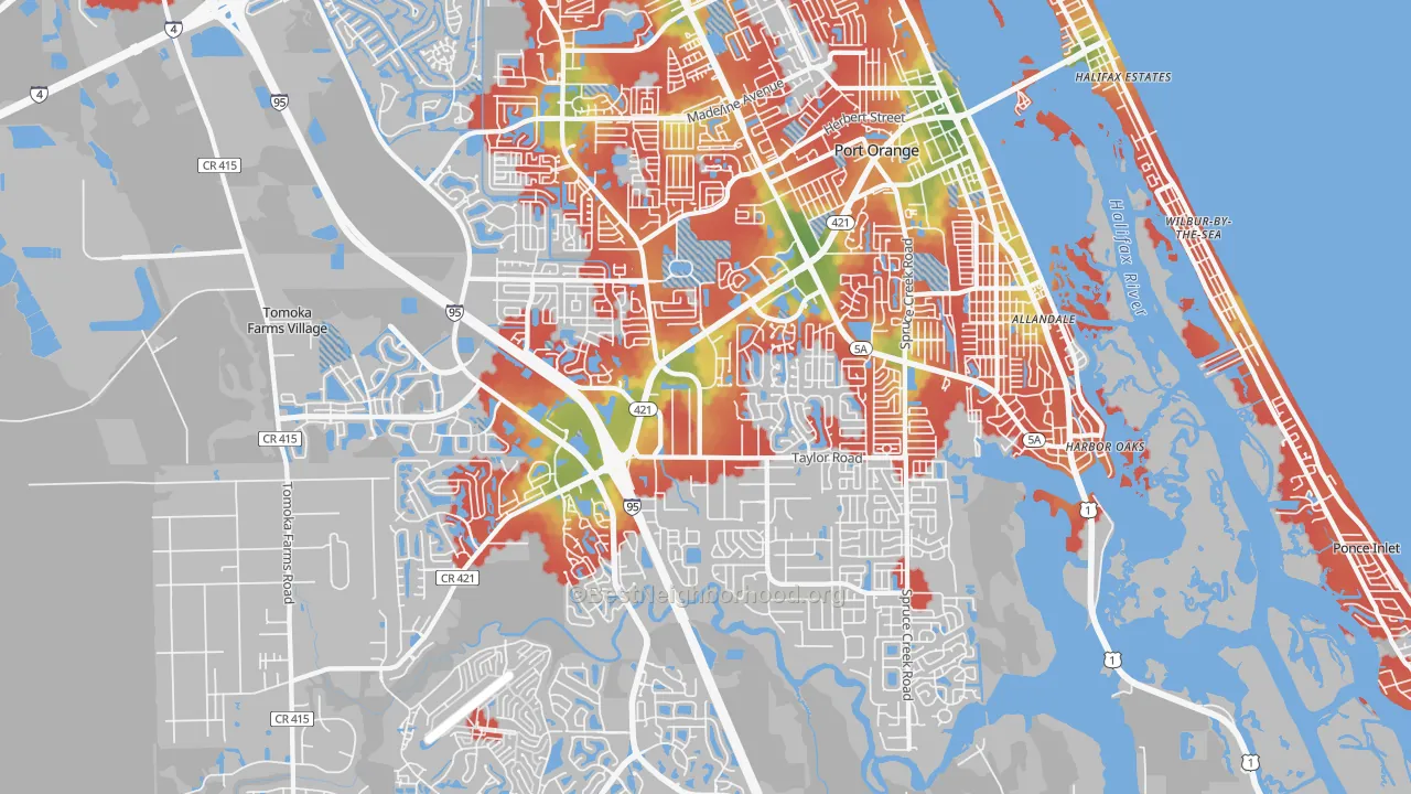 Walk Grade map of Port Orange, FL, walkable areas in green and car-dependent areas in red