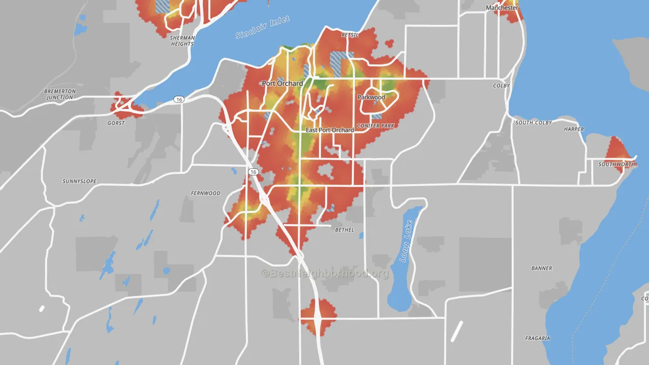 Walk Grade map of Port Orchard, WA, walkable areas in green and car-dependent areas in red
