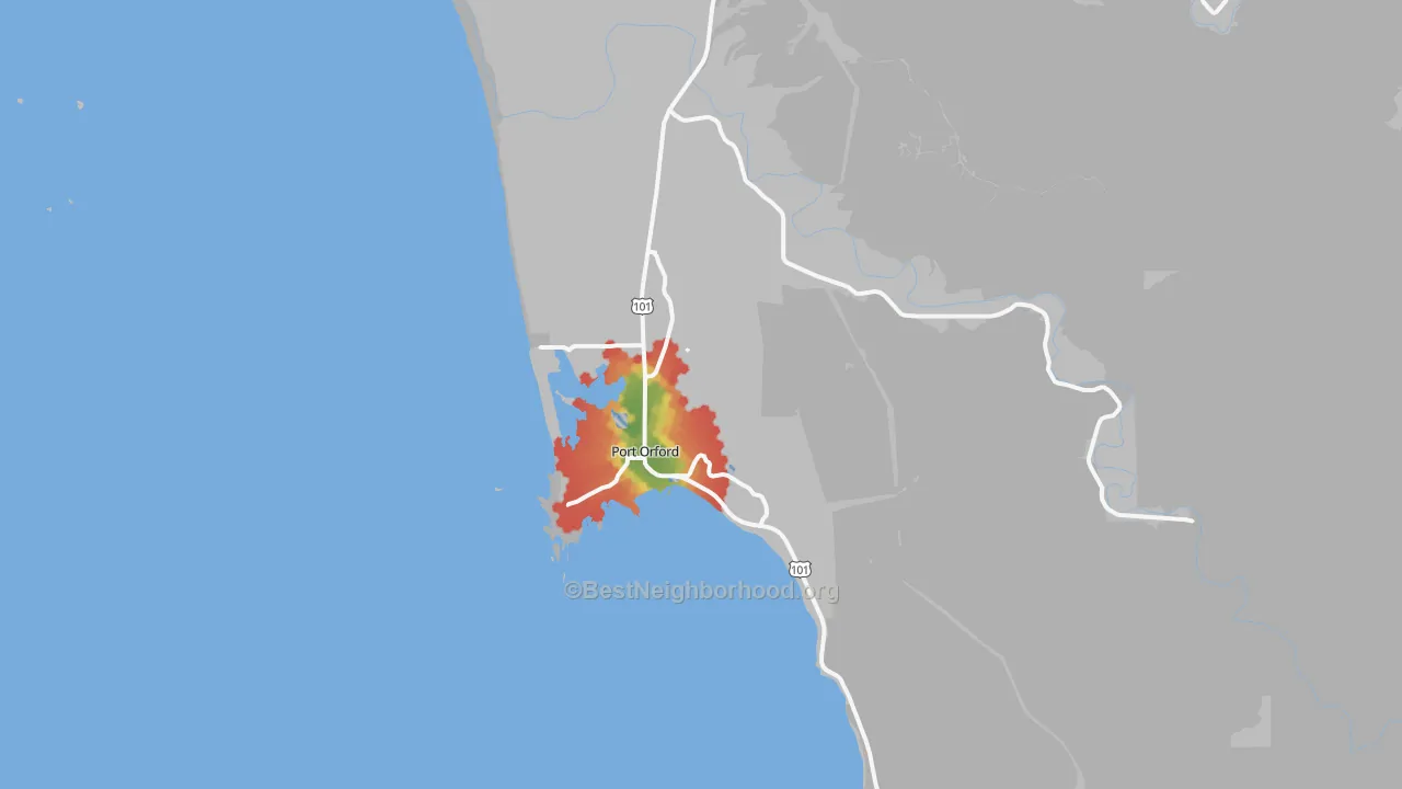Walk Grade map of Port Orford, OR, walkable areas in green and car-dependent areas in red