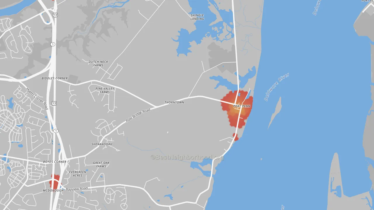 Walk Grade map of Port Penn, DE, walkable areas in green and car-dependent areas in red