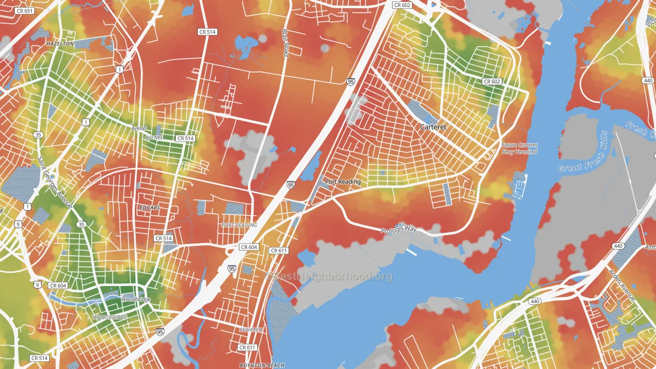 Walk Grade map of Port Reading, NJ, walkable areas in green and car-dependent areas in red