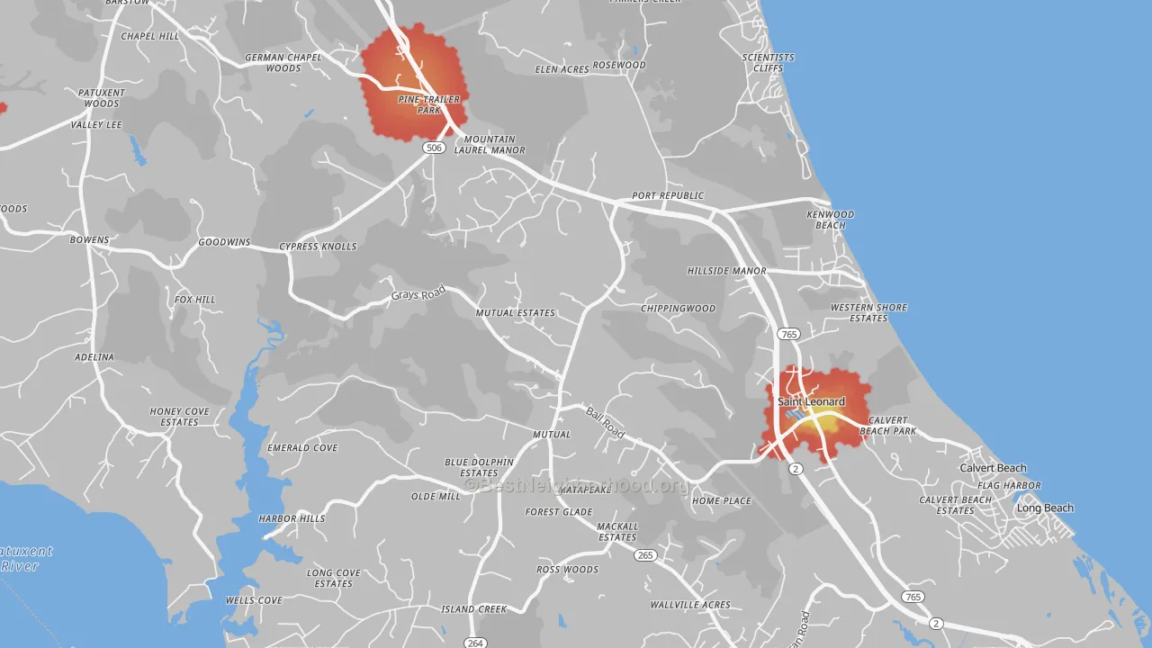 Walk Grade map of Port Republic, MD, walkable areas in green and car-dependent areas in red