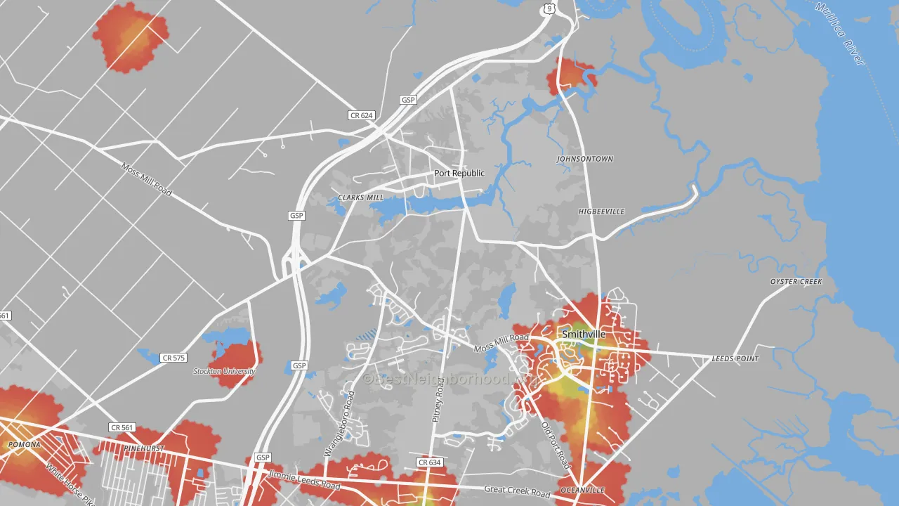 Walk Grade map of Port Republic, NJ, walkable areas in green and car-dependent areas in red