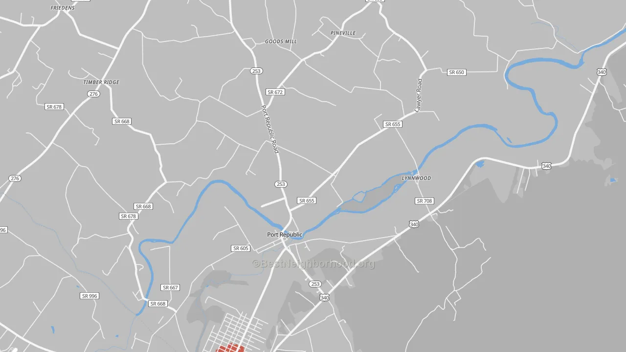 Walk Grade map of Port Republic, VA, walkable areas in green and car-dependent areas in red