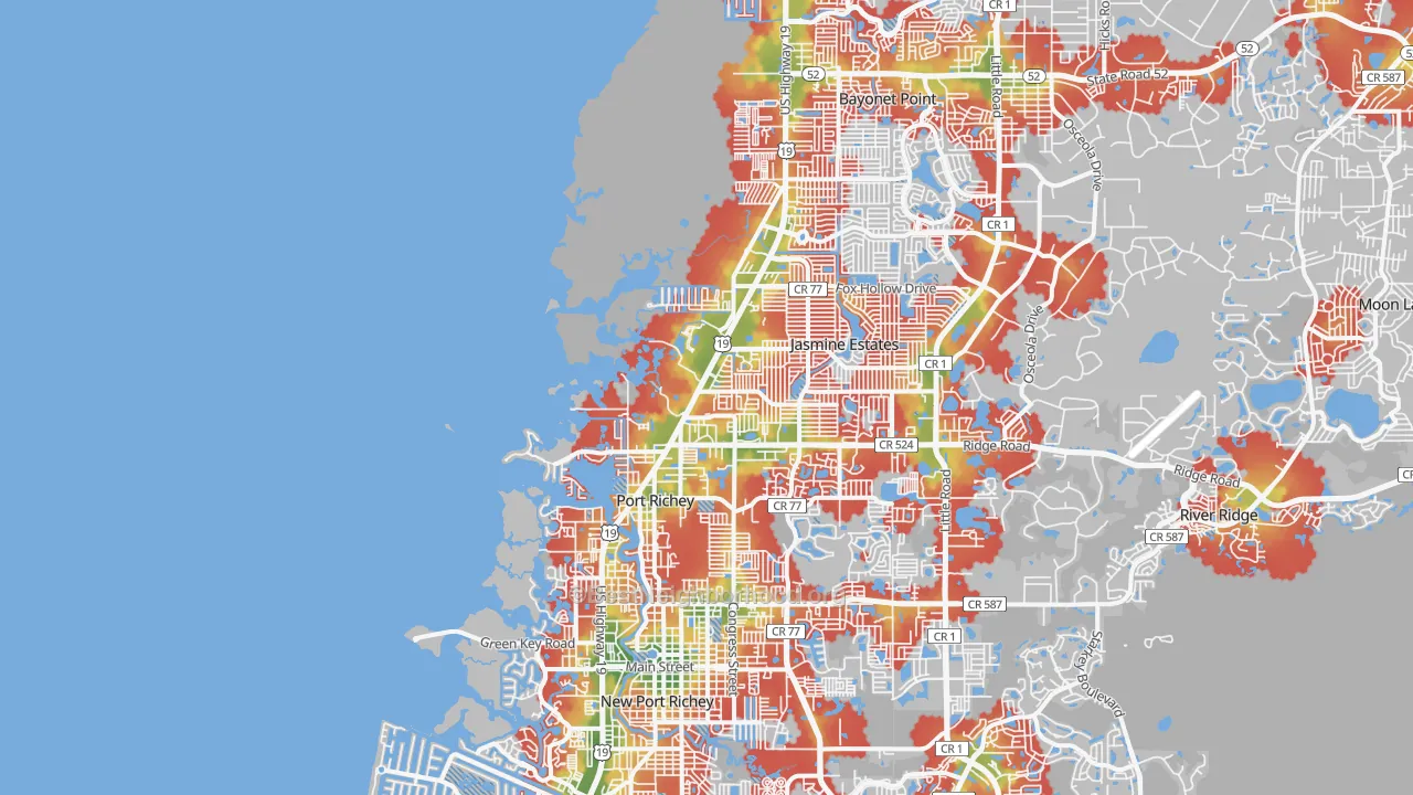 Walk Grade map of Port Richey, FL, walkable areas in green and car-dependent areas in red