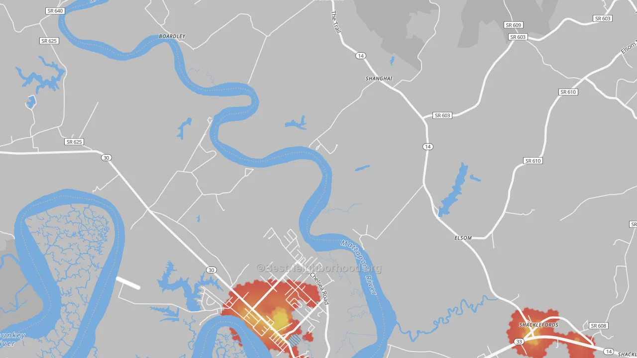 Walk Grade map of Port Richmond, VA, walkable areas in green and car-dependent areas in red