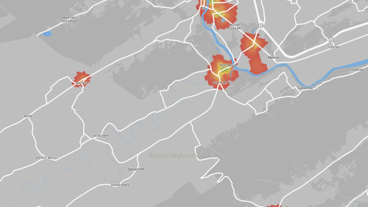 Walk Grade map of Port Royal, PA, walkable areas in green and car-dependent areas in red