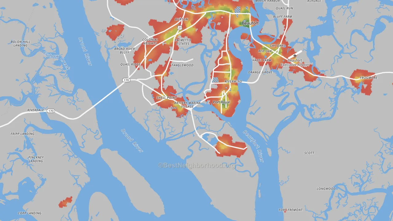 Walk Grade map of Port Royal, SC, walkable areas in green and car-dependent areas in red