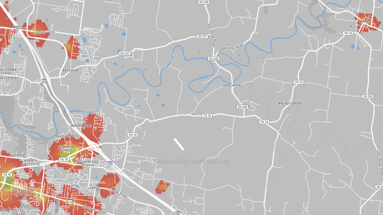Walk Grade map of Port Royal, TN, walkable areas in green and car-dependent areas in red