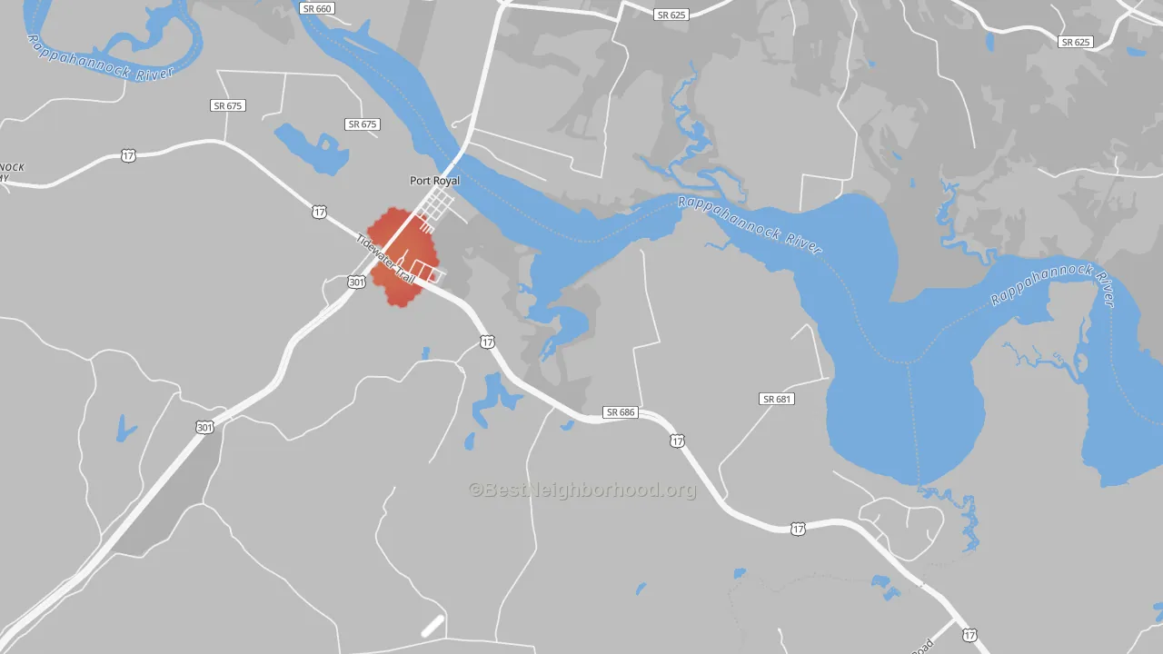 Walk Grade map of Port Royal, VA, walkable areas in green and car-dependent areas in red