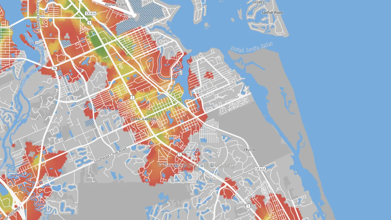 Walk Grade map of Port Salerno, FL, walkable areas in green and car-dependent areas in red