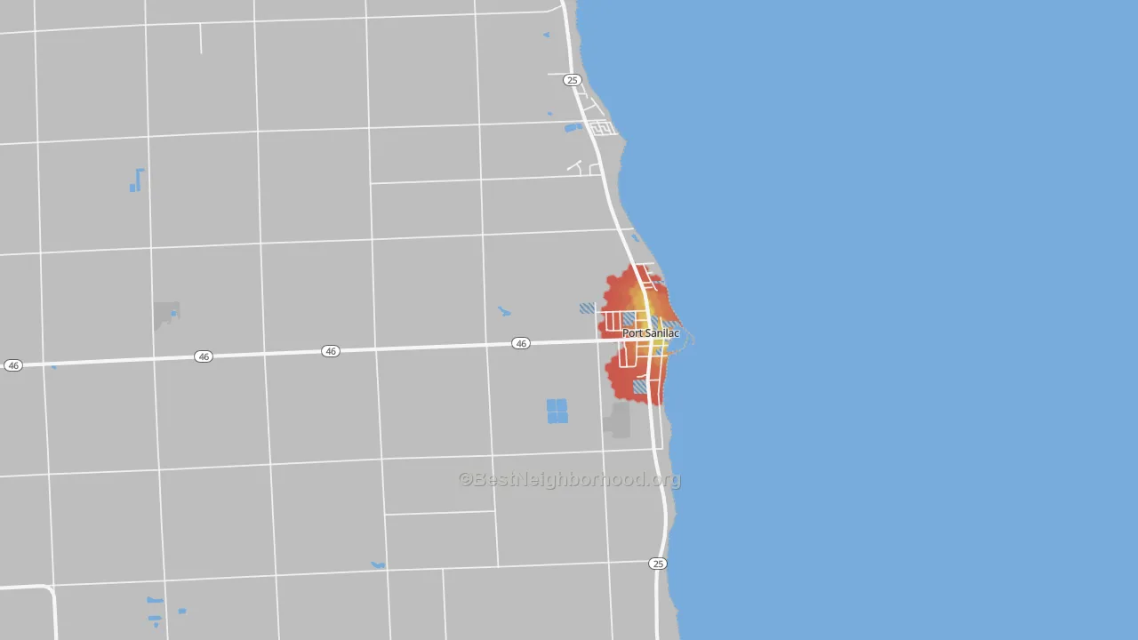 Walk Grade map of Port Sanilac, MI, walkable areas in green and car-dependent areas in red