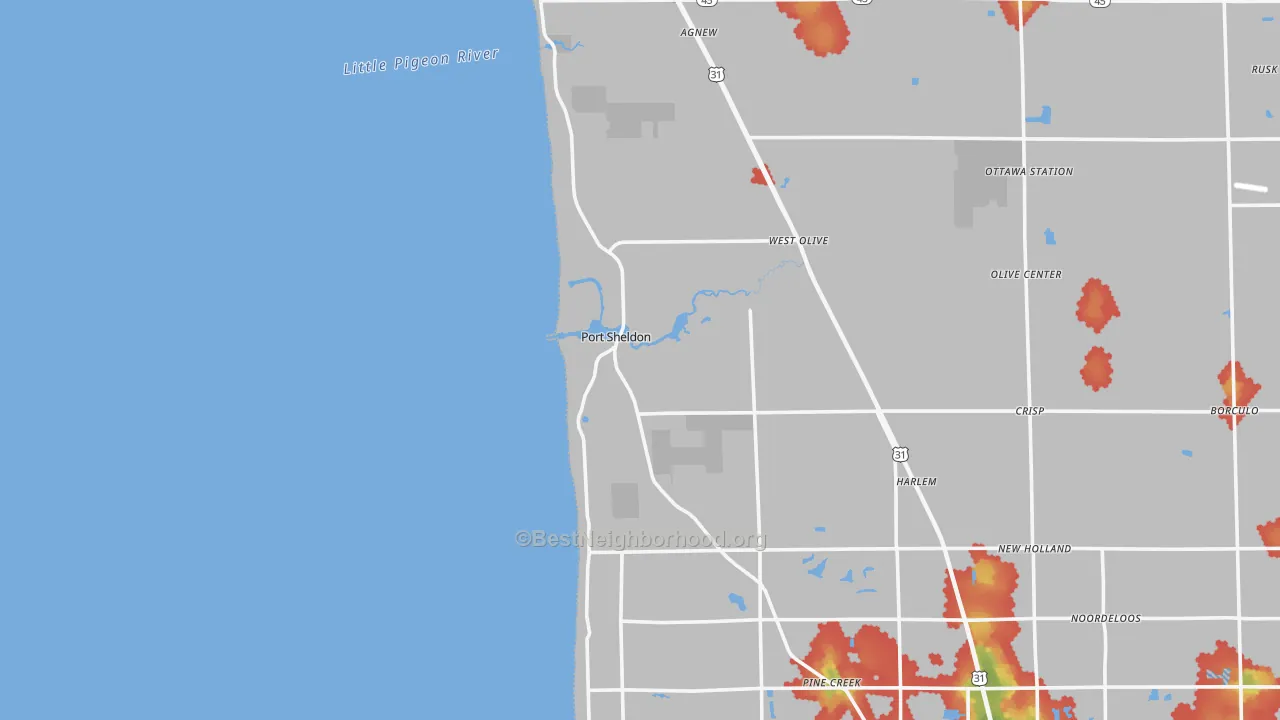 Walk Grade map of Port Sheldon, MI, walkable areas in green and car-dependent areas in red