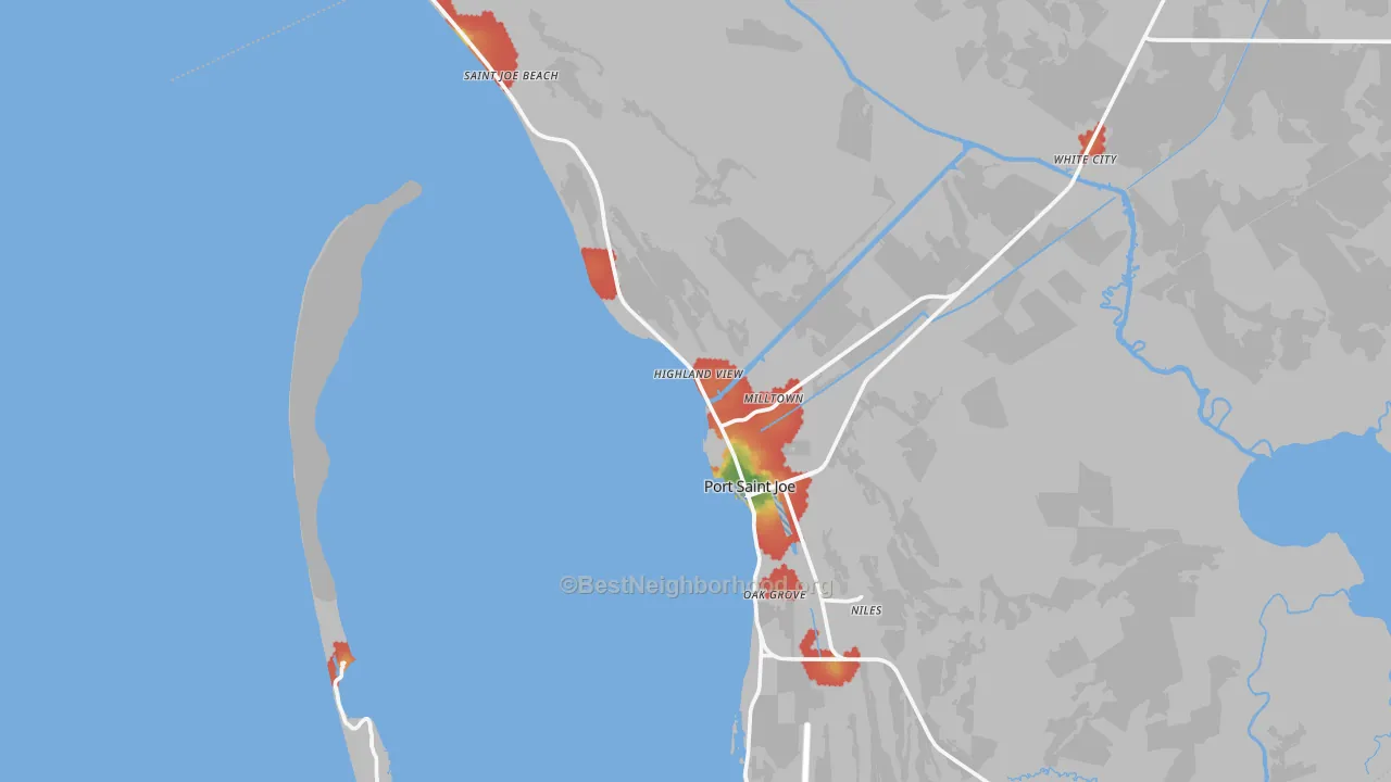 Walk Grade map of Port St. Joe, FL, walkable areas in green and car-dependent areas in red
