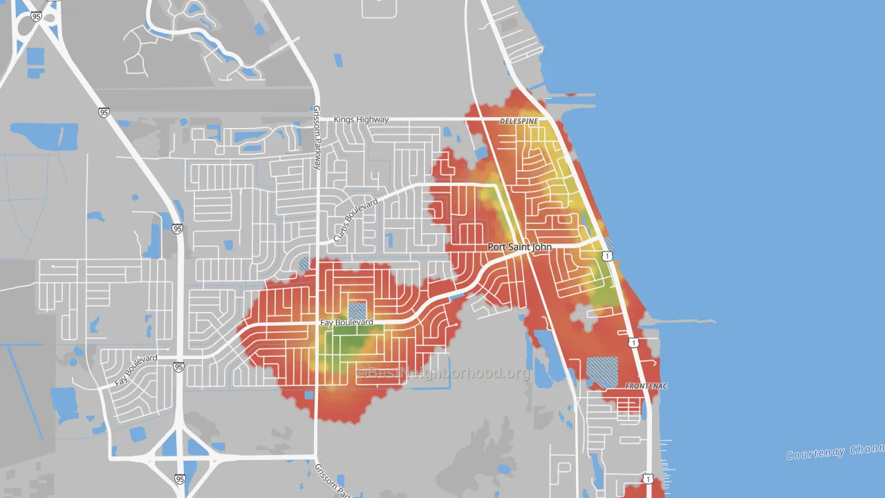 Walk Grade map of Port St. John, FL, walkable areas in green and car-dependent areas in red