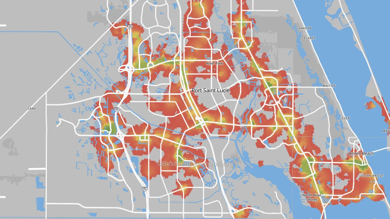 Walk Grade map of Port St. Lucie, FL, walkable areas in green and car-dependent areas in red