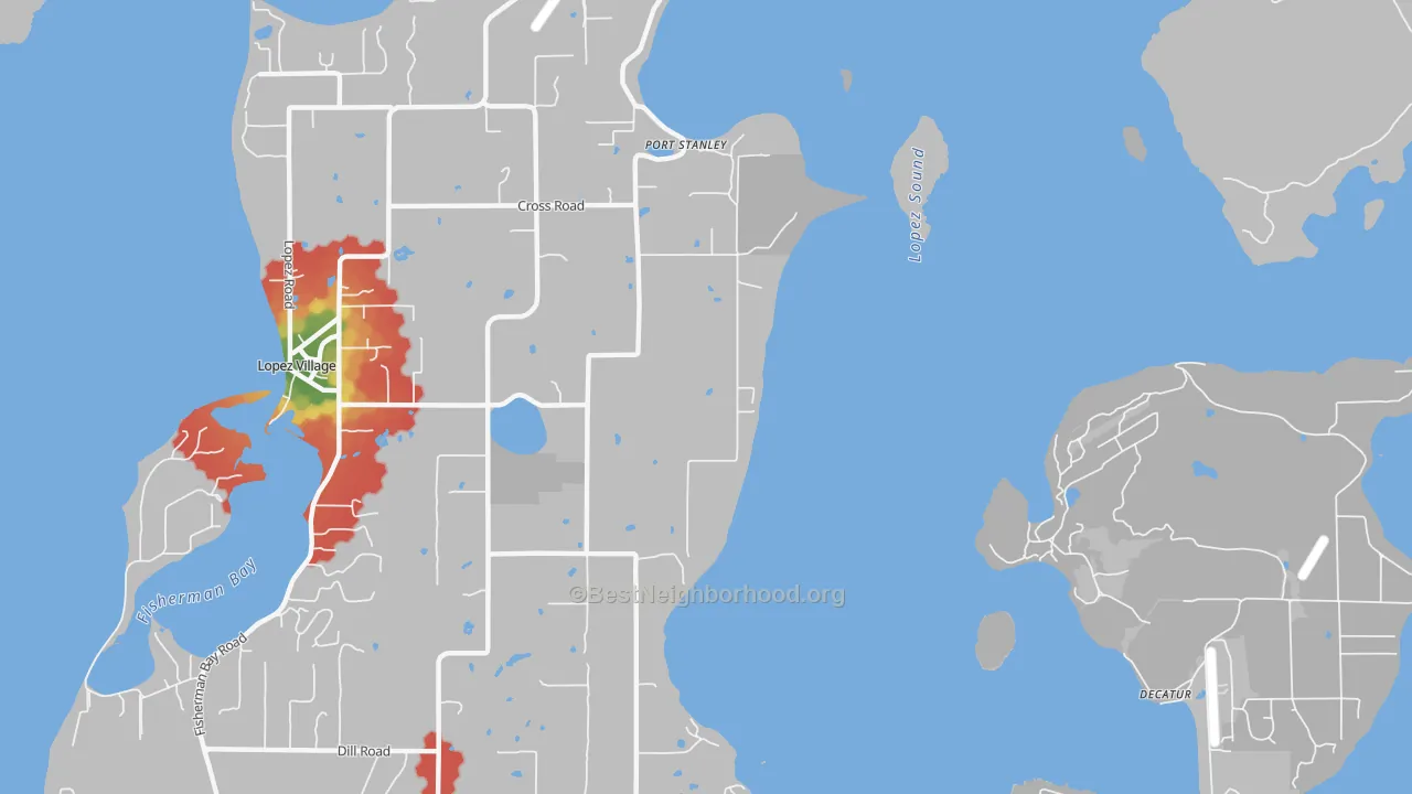 Walk Grade map of Port Stanley, WA, walkable areas in green and car-dependent areas in red
