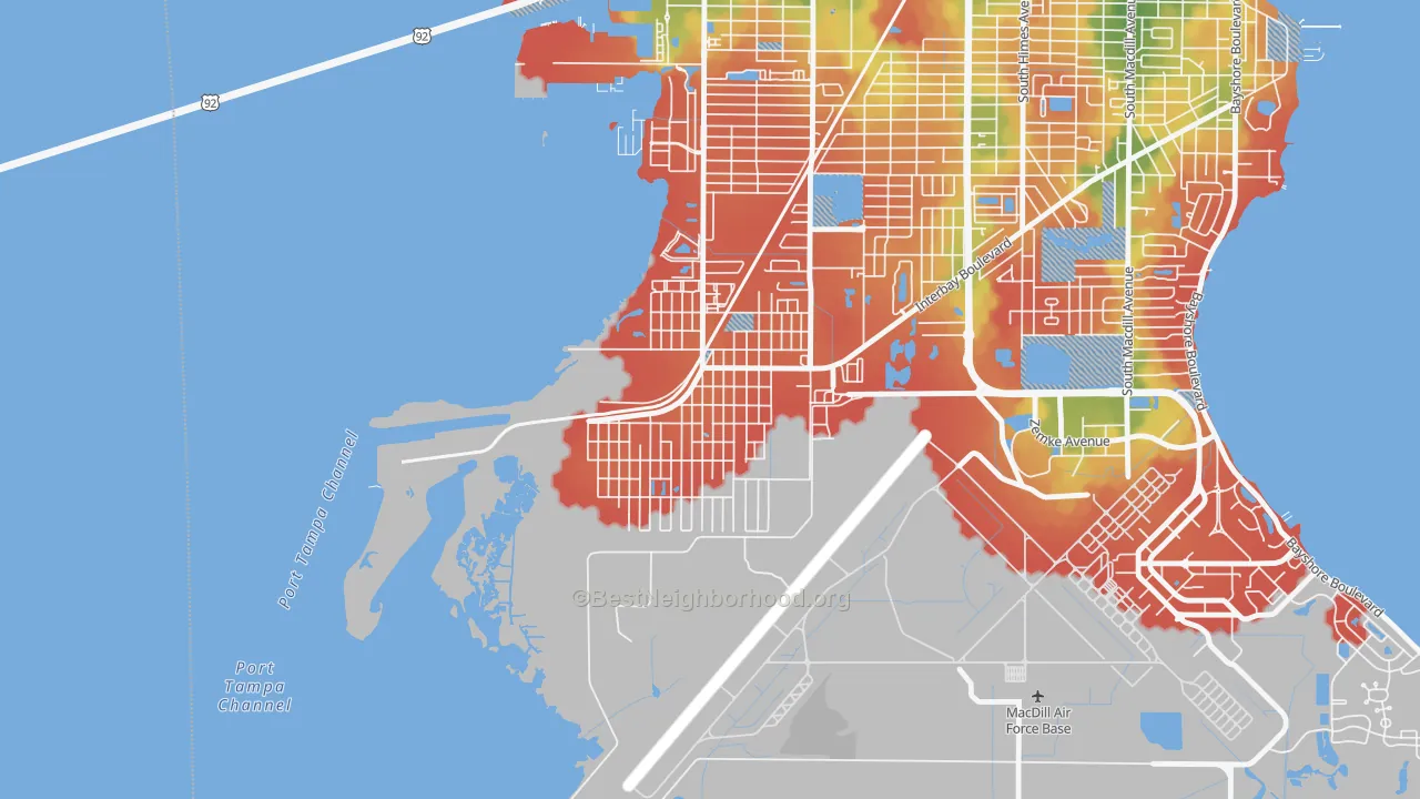 Walk Grade map of Port Tampa City, Tampa, FL, walkable areas in green and car-dependent areas in red