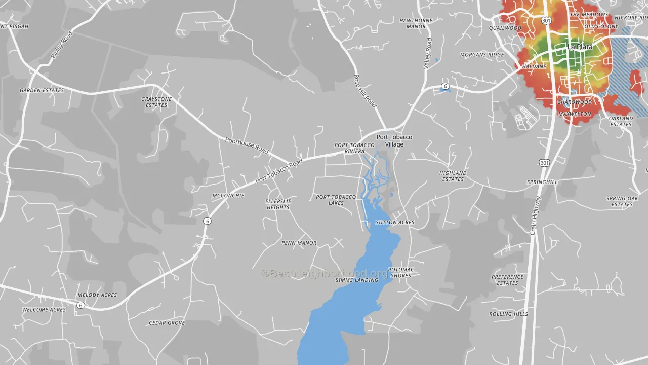 Walk Grade map of Port Tobacco, MD, walkable areas in green and car-dependent areas in red