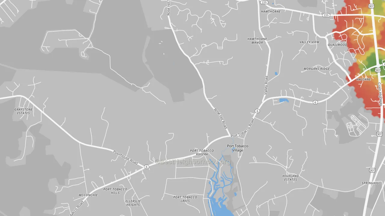 Walk Grade map of Port Tobacco Riviera, MD, walkable areas in green and car-dependent areas in red