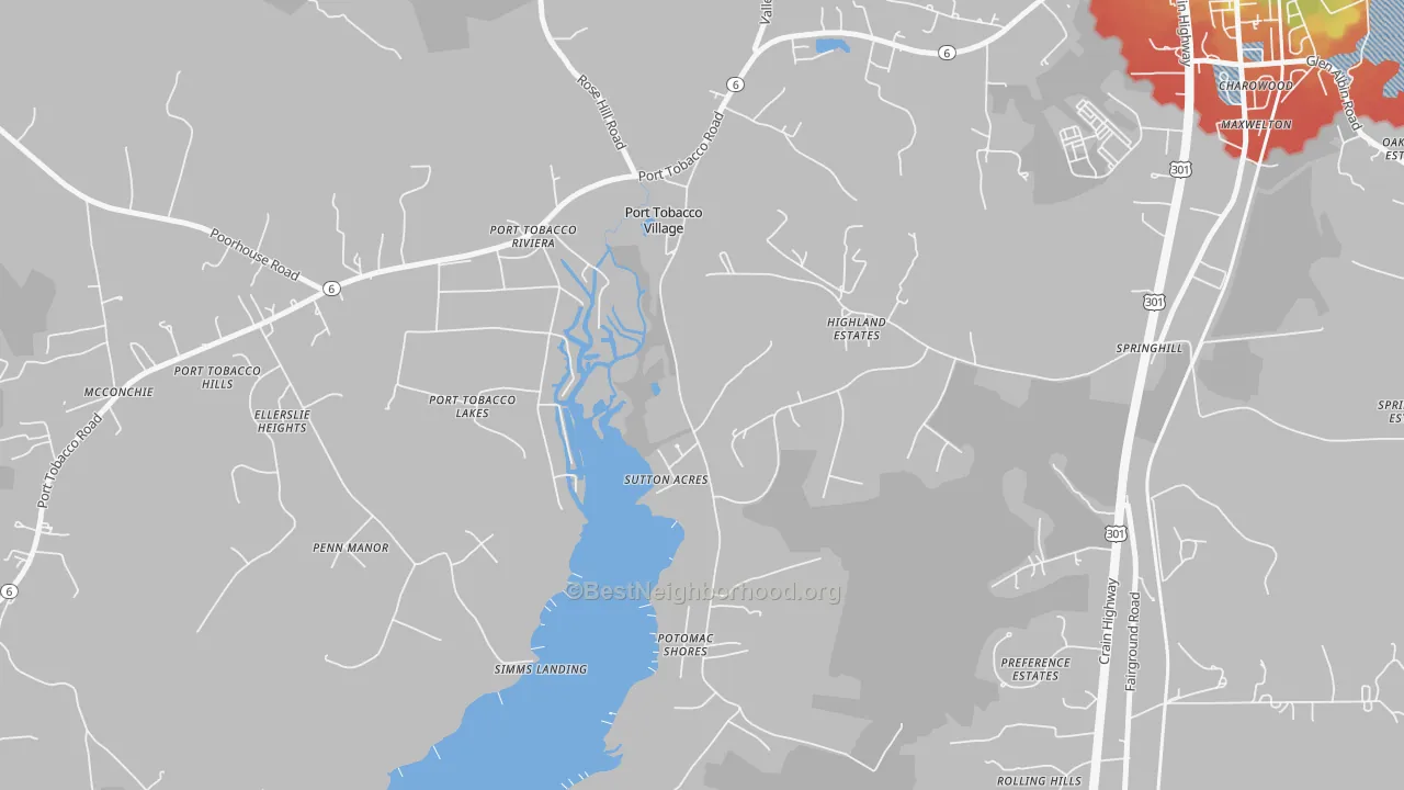 Walk Grade map of Port Tobacco Village, MD, walkable areas in green and car-dependent areas in red