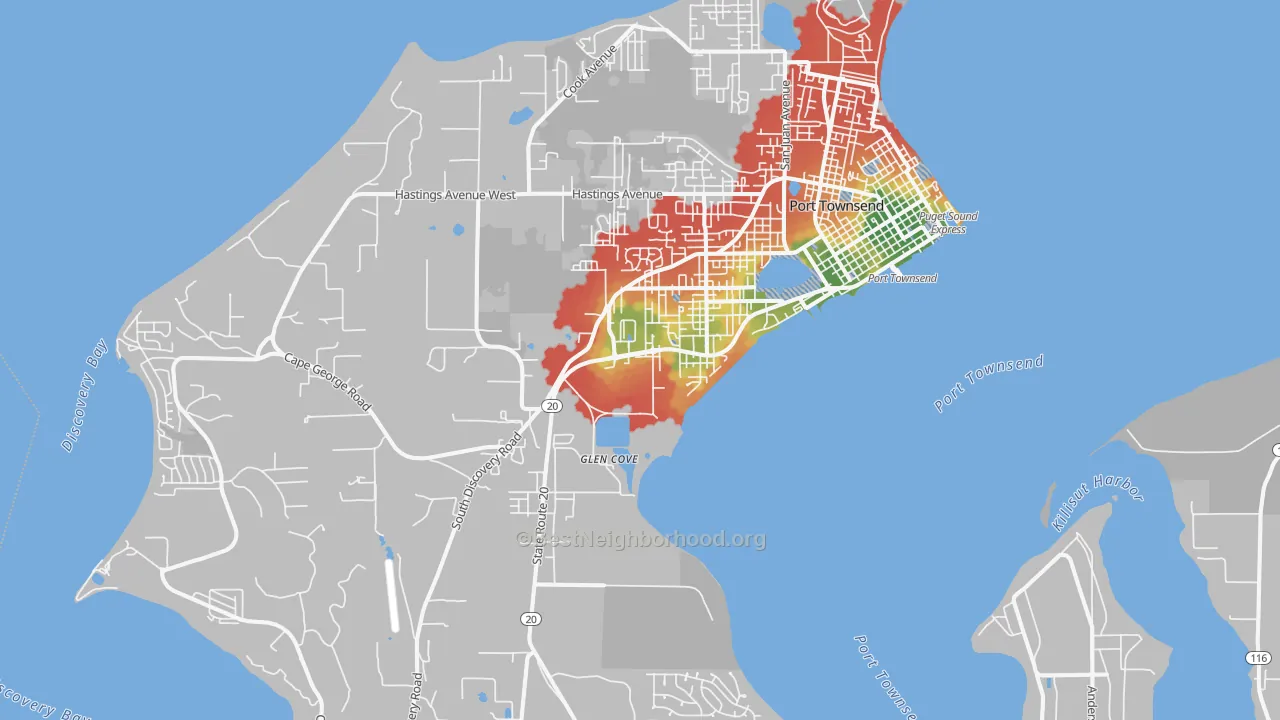 Walk Grade map of Port Townsend, WA, walkable areas in green and car-dependent areas in red