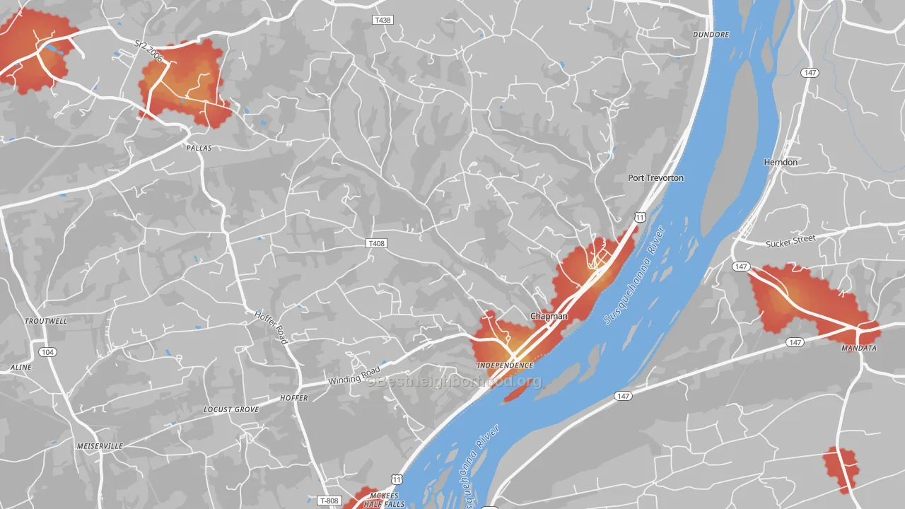 Walk Grade map of Port Trevorton, PA, walkable areas in green and car-dependent areas in red