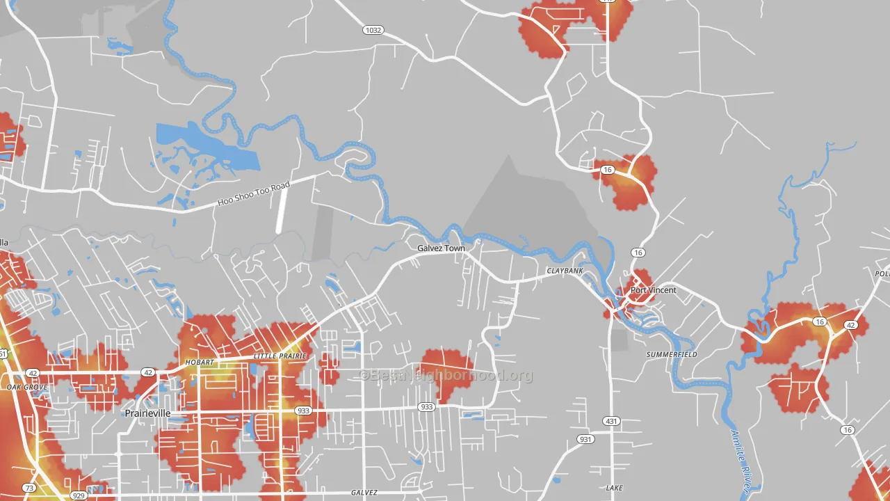 Walk Grade map of Port Vincent, LA, walkable areas in green and car-dependent areas in red