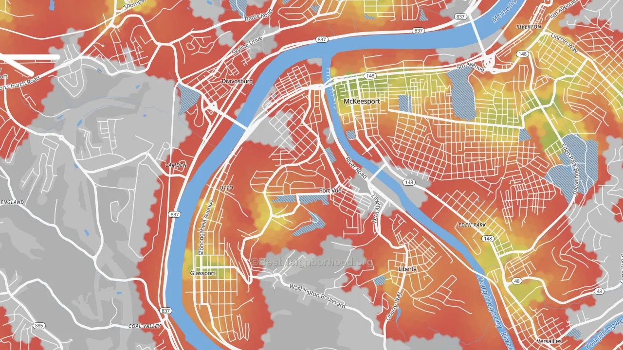 Walk Grade map of Port Vue, PA, walkable areas in green and car-dependent areas in red