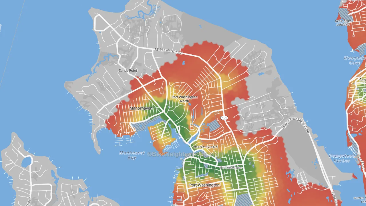 Walk Grade map of Port Washington North, NY, walkable areas in green and car-dependent areas in red