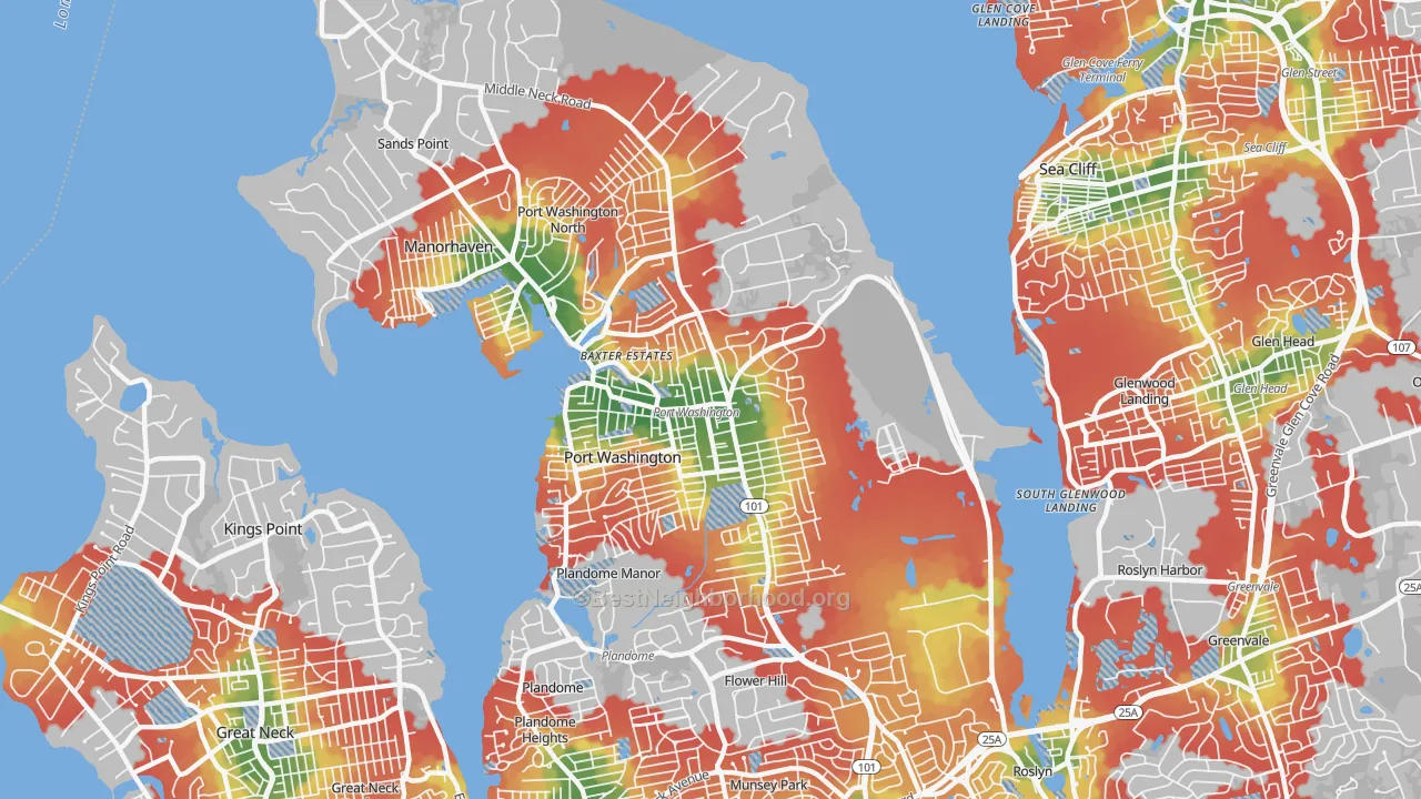 Walk Grade map of Port Washington, NY, walkable areas in green and car-dependent areas in red