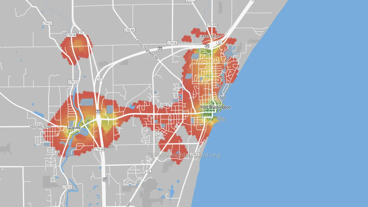 Walk Grade map of Port Washington, WI, walkable areas in green and car-dependent areas in red