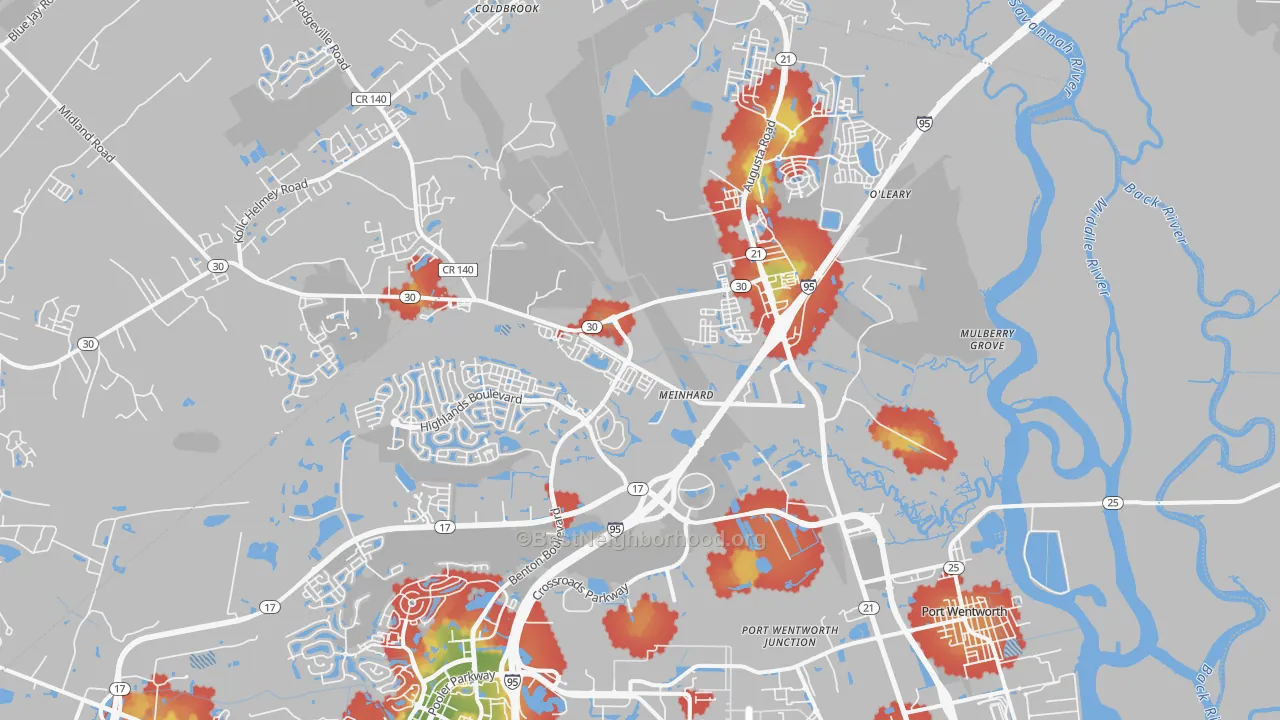 Walk Grade map of Port Wentworth, GA, walkable areas in green and car-dependent areas in red