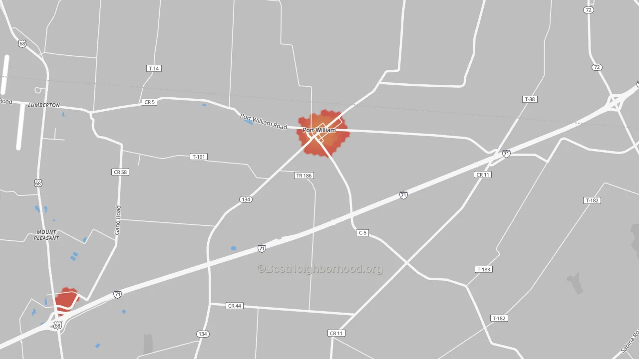 Walk Grade map of Port William, OH, walkable areas in green and car-dependent areas in red