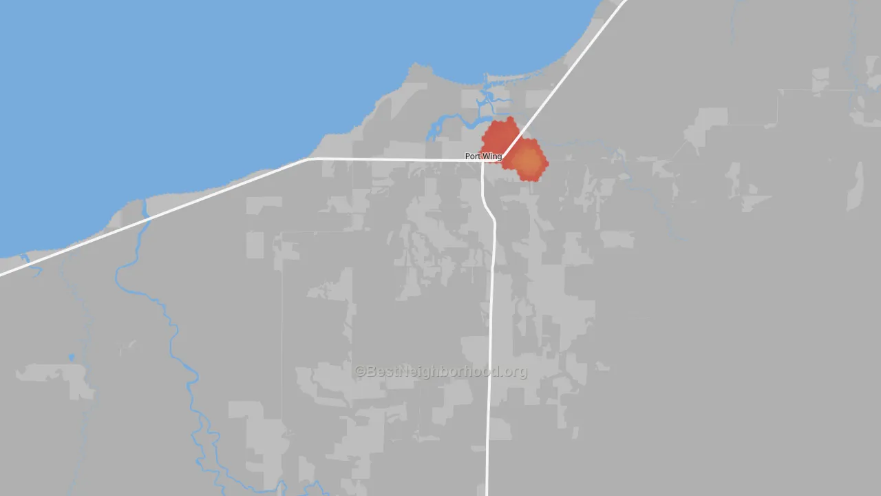 Walk Grade map of Port Wing, WI, walkable areas in green and car-dependent areas in red